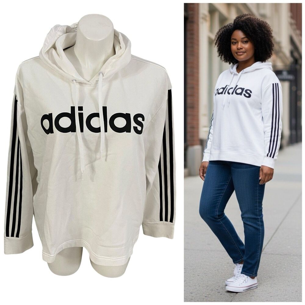 Adidas Hoodie Sweatshirt Womens 3x White Linear Logo Athleisure Streetwear Cozy